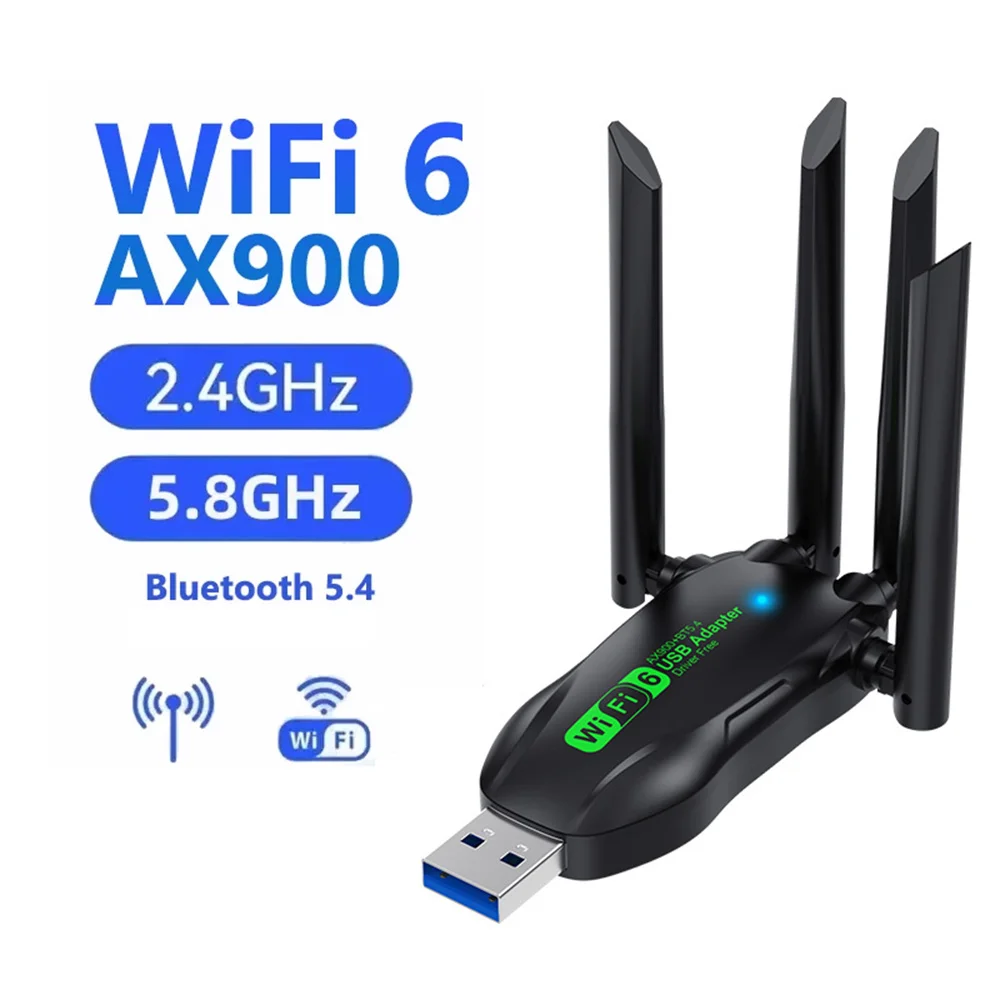 WiFi 6 AX900 USB Adapter Bluetooth 5.4 Dual Band Antennas 2.4G 5G WiFi6 Network Card Wireless Receiver Driver Free for WIN 10 11: black