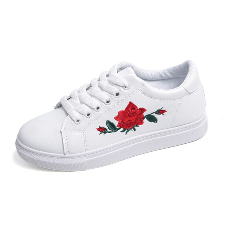 Skateboarding sko kvinder blomster broderi sko forår efterår damer sportschoenen komfortable sko: Hvid / 6.5