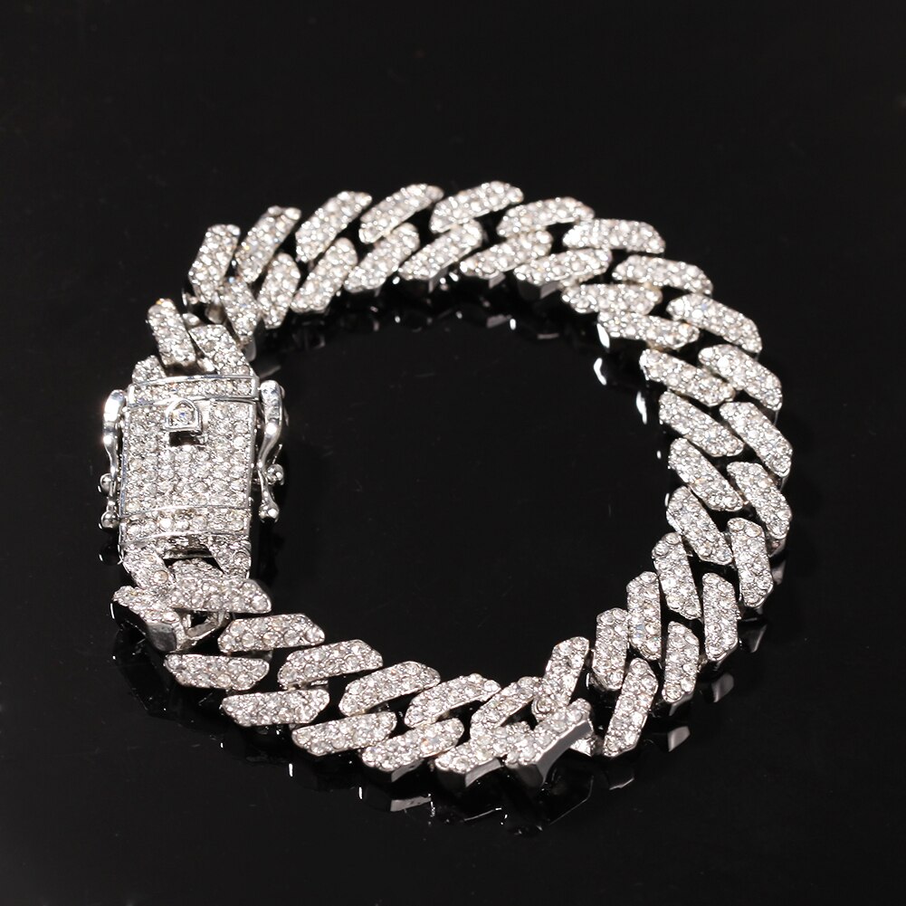 THE BLING KING 12mm Bling S-Link Miami Cuban Bracelets Gold Color Full Iced Rhinestones Hiphop Mens Bracelet Jewelry: silver / 8inch bracelet