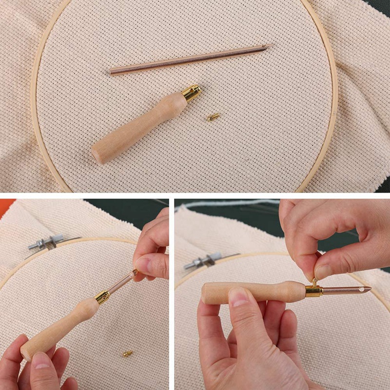 Wooden Handle Embroidery Pens and Threader,Sewing Punch Needle Set Embroidery Punch Needle Weaving Tools for DIY Craft