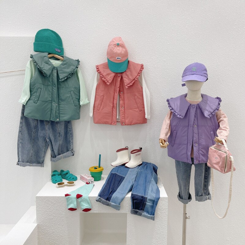 Nuovo autunno inverno neonate gilet imbottito in cotone collo con volant tinta unita stile coreano bambini gilet dolci per bambini