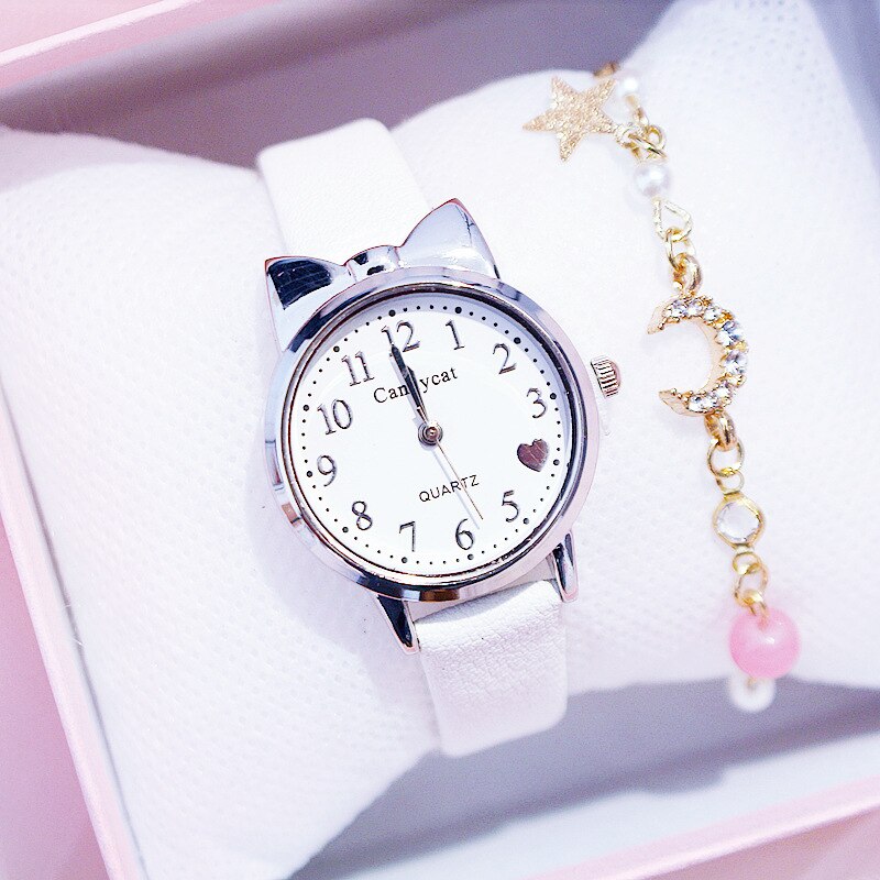 Miss chat noir montre à Quartz femmes bracelet en cuir décontracté montres filles mignon chat cadran forme rose montre-bracelet: B