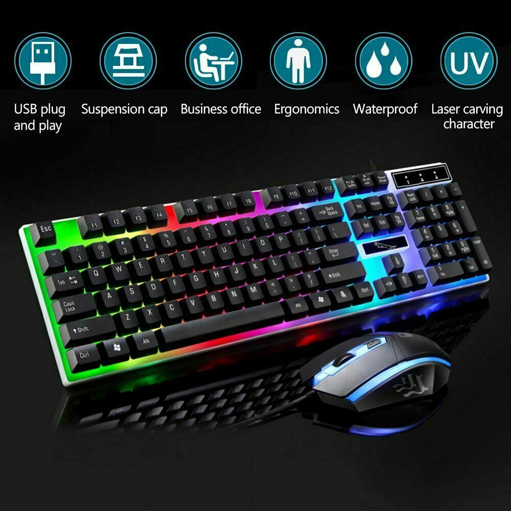 Kleurrijke led verlichte usb bekabelde pc regenboog gaming toetsenbord muis set gamer gaming muis en toetsenbord kit thuiskantoor