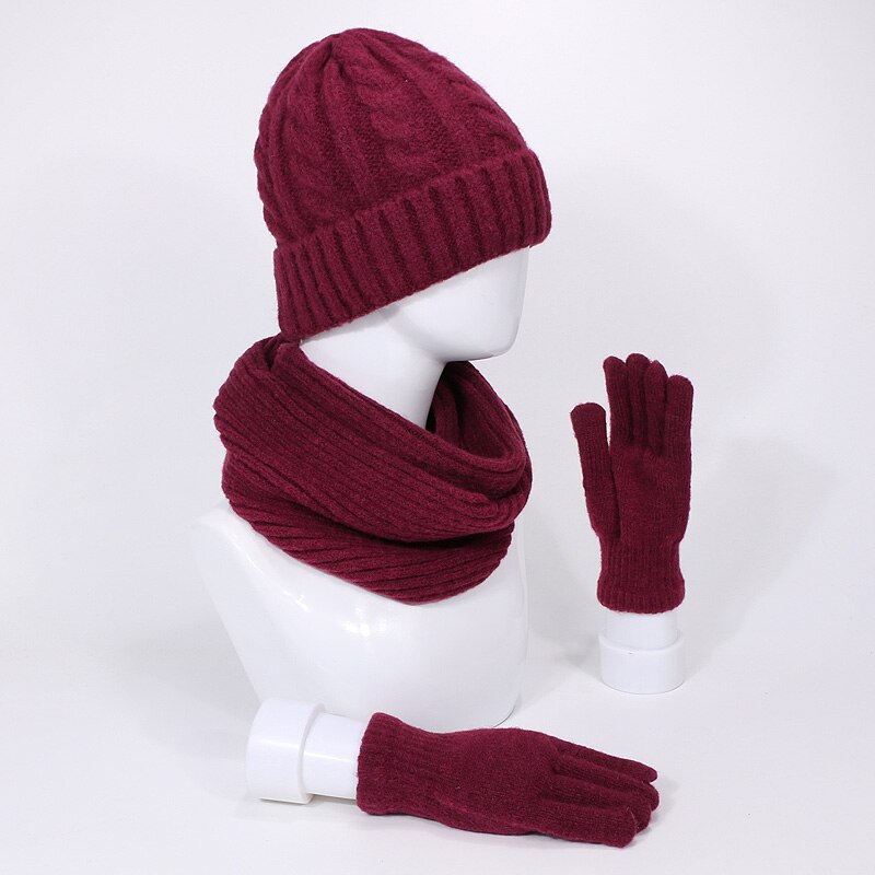 Vinter strikket tørklæde hatte handsker sæt til kvinder mand udendørs varm tyk vindtæt tørklæder skullies beanies hat tredelt sæt: E