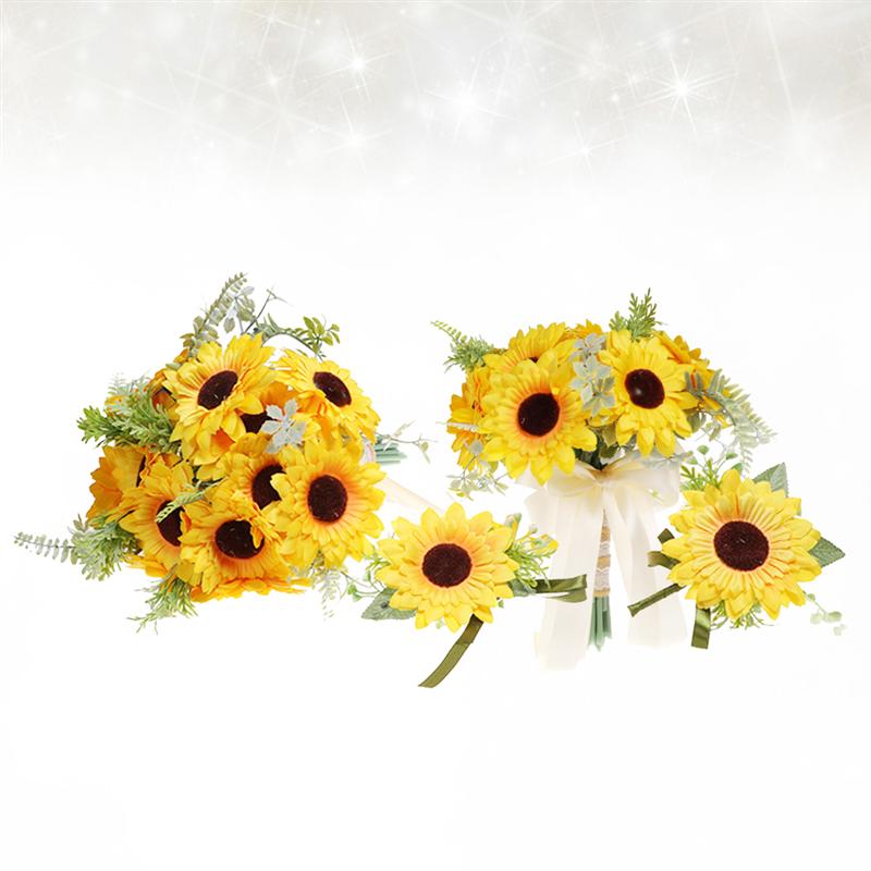4 stuks Bruiloft Decor Mooie Zonnebloem Kunstmatige Bridal Pols Boeket Holding Bloem Party Decor Broche voor Bruiloft