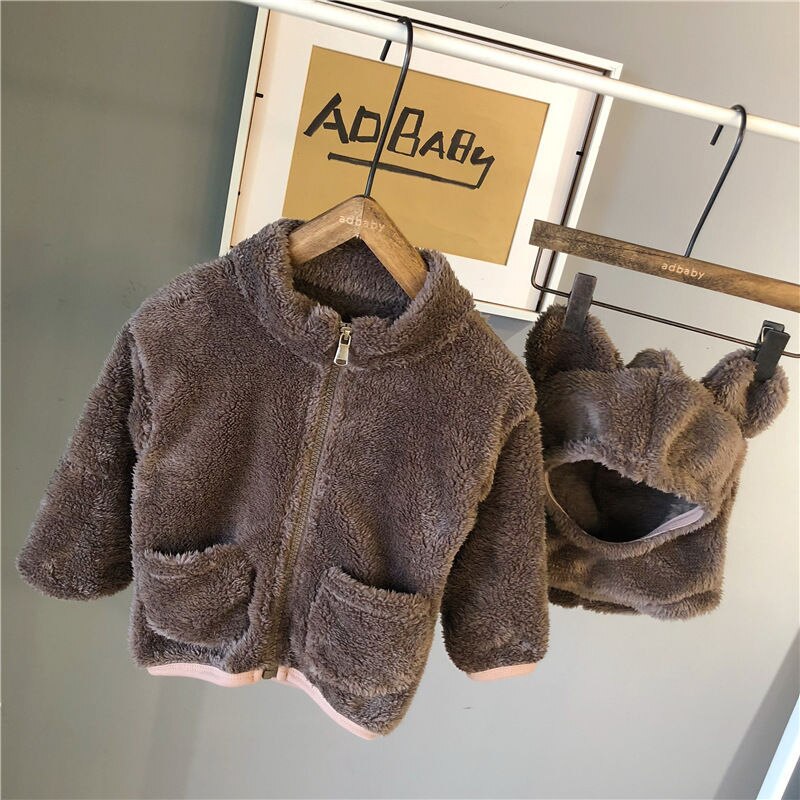 Veste et manteau pour bébé en velours corail, vêtement d'extérieur, à capuche, manteau épais avec chapeau d'ours pour garçons, automne nouveauté