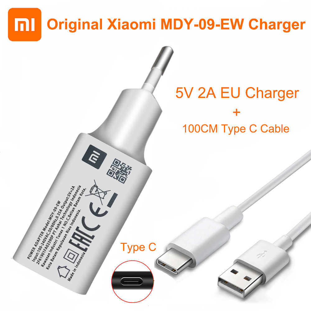 Xiaomi-cargador USB MDY-09-EW Original, adaptador de la UE de 5V/2A, Cable de datos tipo C para Mi 5, 6, 8, 9, Redmi Note 7, 8 Pro, F1, A2, A3 Lite