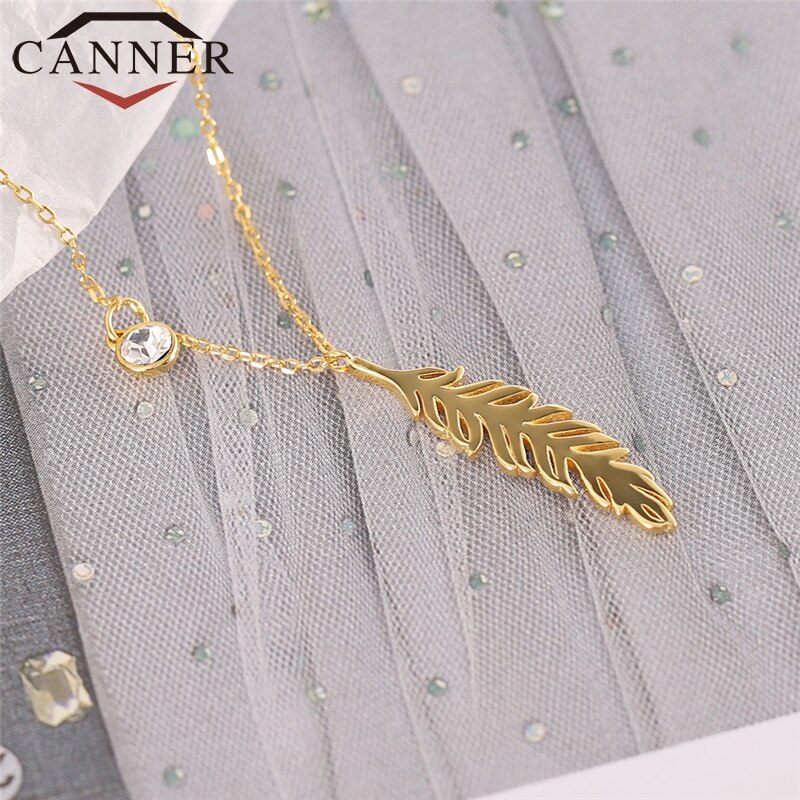 CANNER 925 Collana in Argento sterlina Collares Chocker dell'oro Della Piuma di Fascino Del Pendente di Modo Della Collana Dei Monili Delle Donne FO