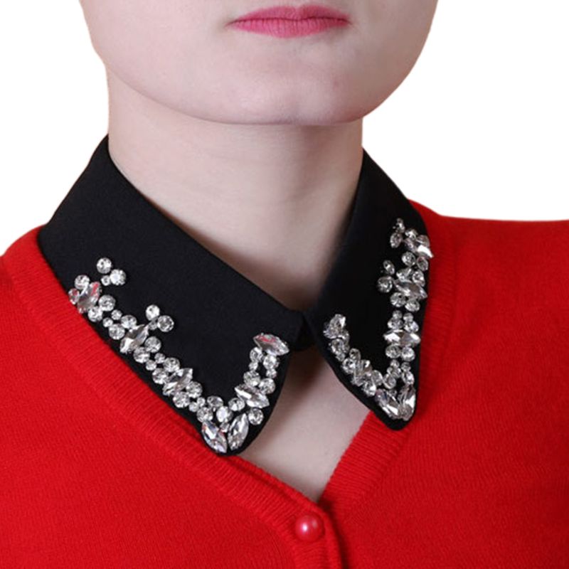 Frauen Glas Diamant Dekorative Gefälschte Kragen Schwarz Farbe Abnehmbare Revers Halskette 649C