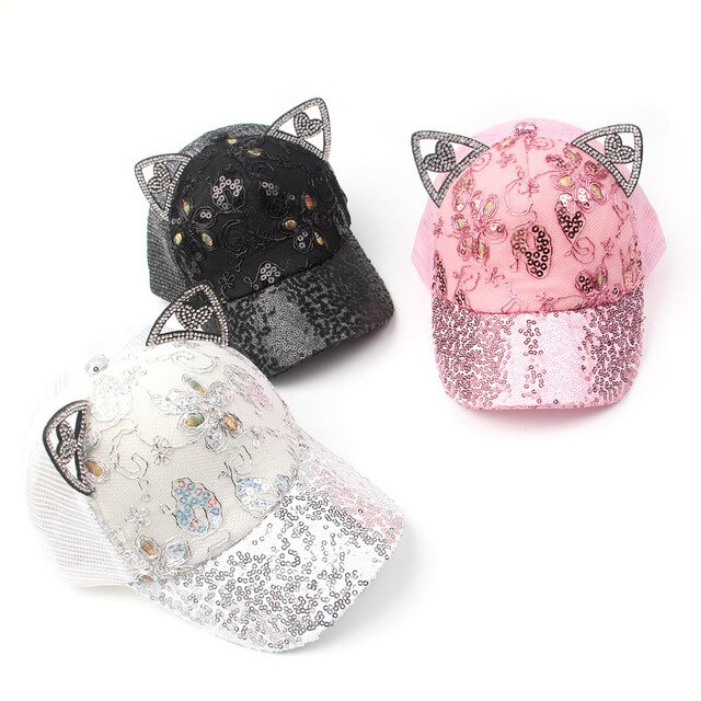 Gorra de béisbol con orejas de gato para niños, gorro de béisbol con orejas chica, visera con lentejuelas, temporada primavera