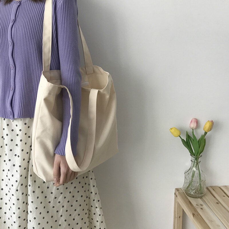 Saco de compras de lona de grande capacidade casual all-match bolsa de ombro feminina de cor sólida sacola de estilo universitário saco de escola aberto