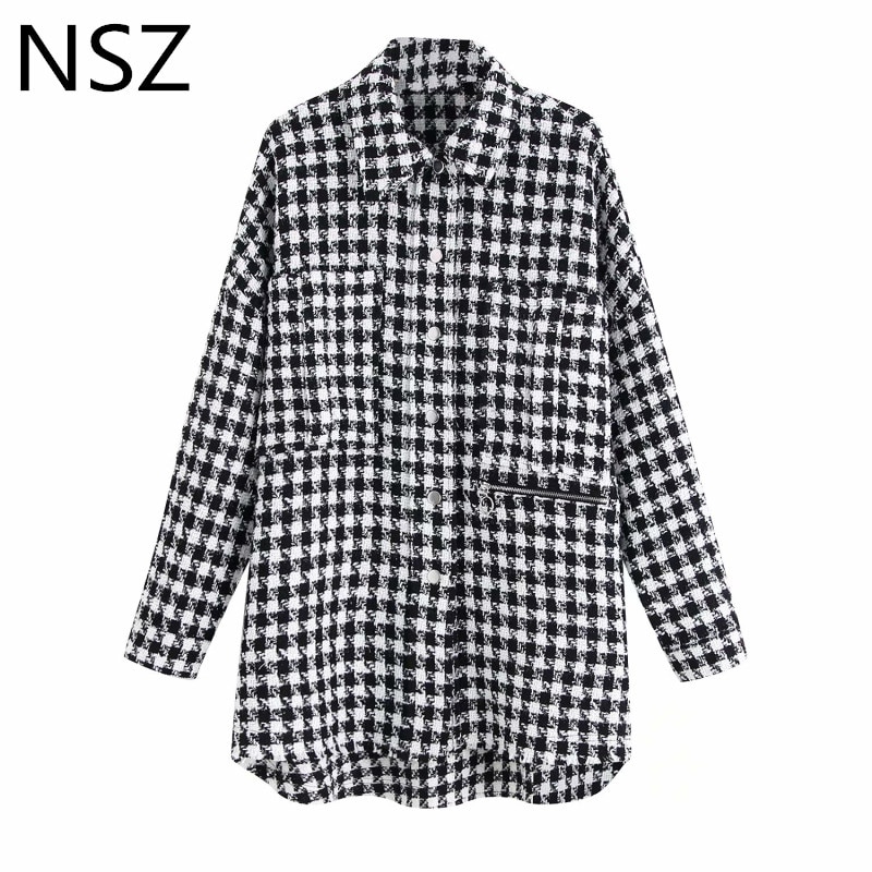 Nsz kvinder sort hvid plaid oversize tweed jakke houndstooth frakke langærmet løs afslappet lang ternet overtøj top