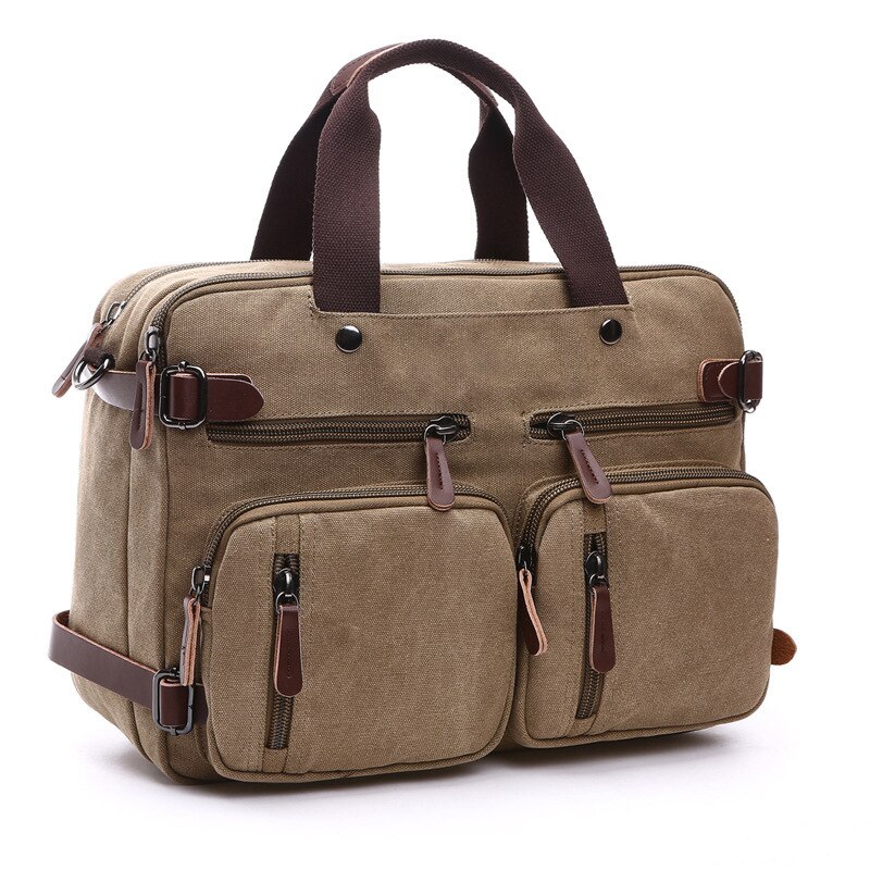 Retro Männer Leinwand Tasche Leder Aktentasche Reise Koffer Messenger Schulter Tote Zurück Handtasche Große Casual Business Laptop Tasche: Kakifarbig