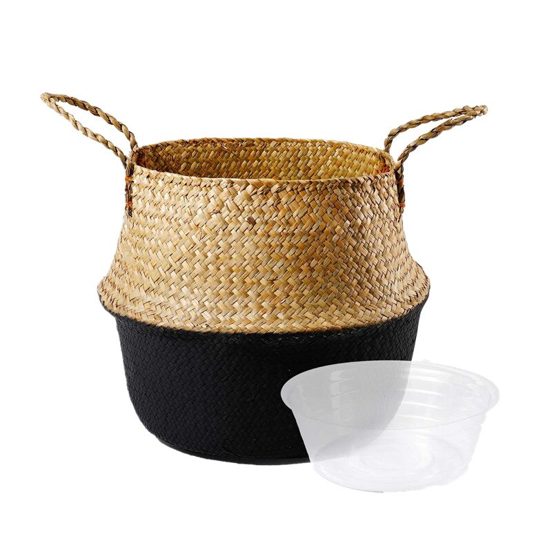 20cm Handmade Rattan Woven Basket with Waterproof Cover Foldable Seagrass Clothing Storage Basket Home Decor Flowerpot Organizer: black with cover