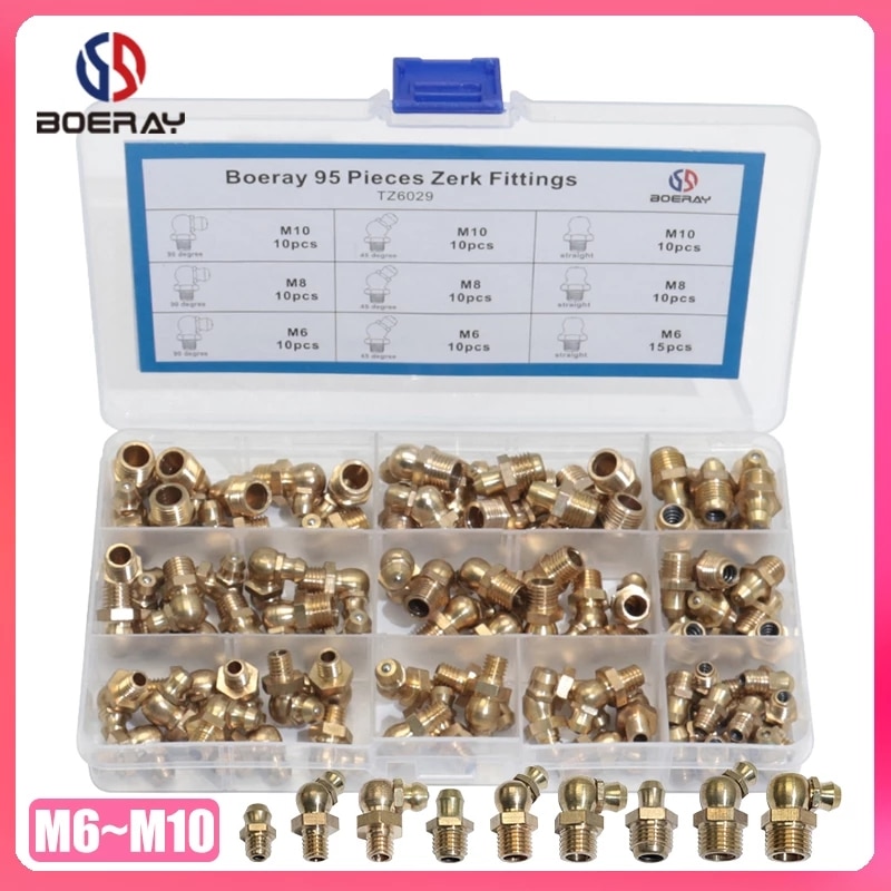 YUNXCNA smeernippel assortiment kit, M6 M8 M10 metrisch smeernippel assortiment kit, 60 stuks smeernippel kit, hydraulische smeernippel met 10 stuks kunststof smeerfitting kappen, voor smeerpersen