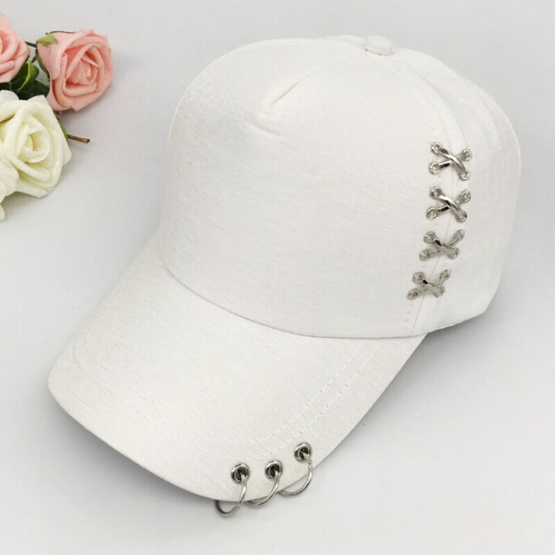 Casquette de baseball avec anneau de piercing, style punk hip-hop, en coton, pour adulte, décontractée, solide, ajustable, unisexe: Blanc