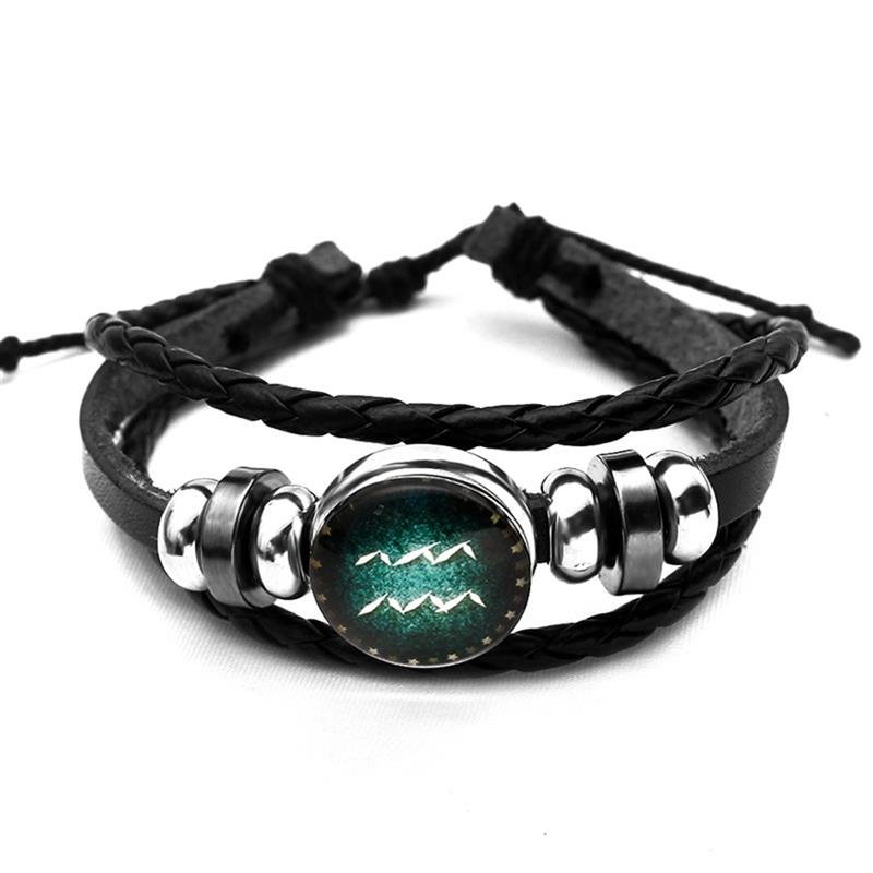 Luminosas 12 Constelaciones pulsera de cuero signo del zodiaco con abalorios pulseras trenzadas Punk para Niños Accesorios de la joyería de los hombres: Aquarius