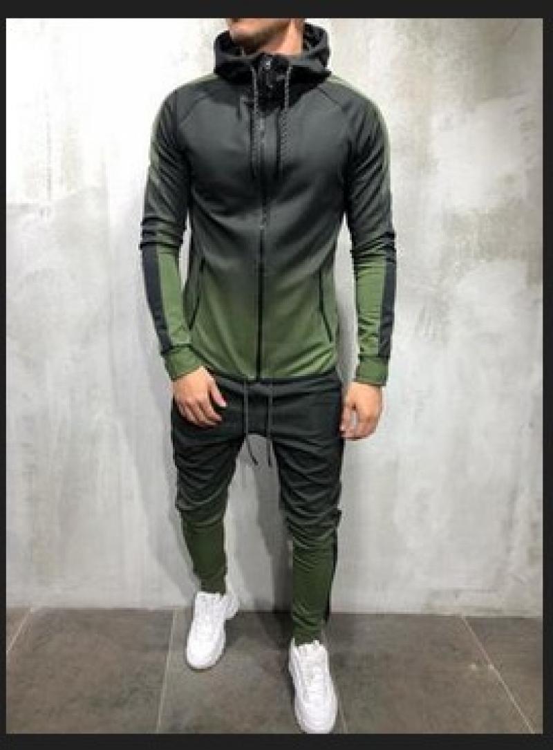 Moda uomo dolcevita cambio graduale colore tuta Set felpa con cappuccio Top + pantaloni a vita alta pantaloni da jogging palestra tasche con Zip tinta unita vestibilità Slim