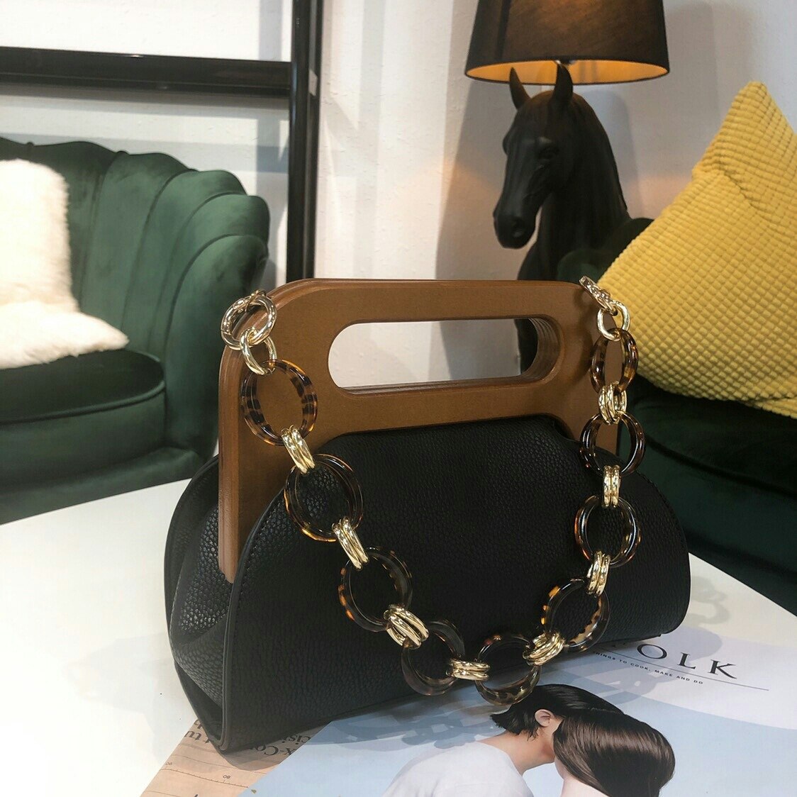 Houten clip tas dames handtassen acryl ketting schouder crossbody tassen dames luipaard schelp tas dames dames tassen
