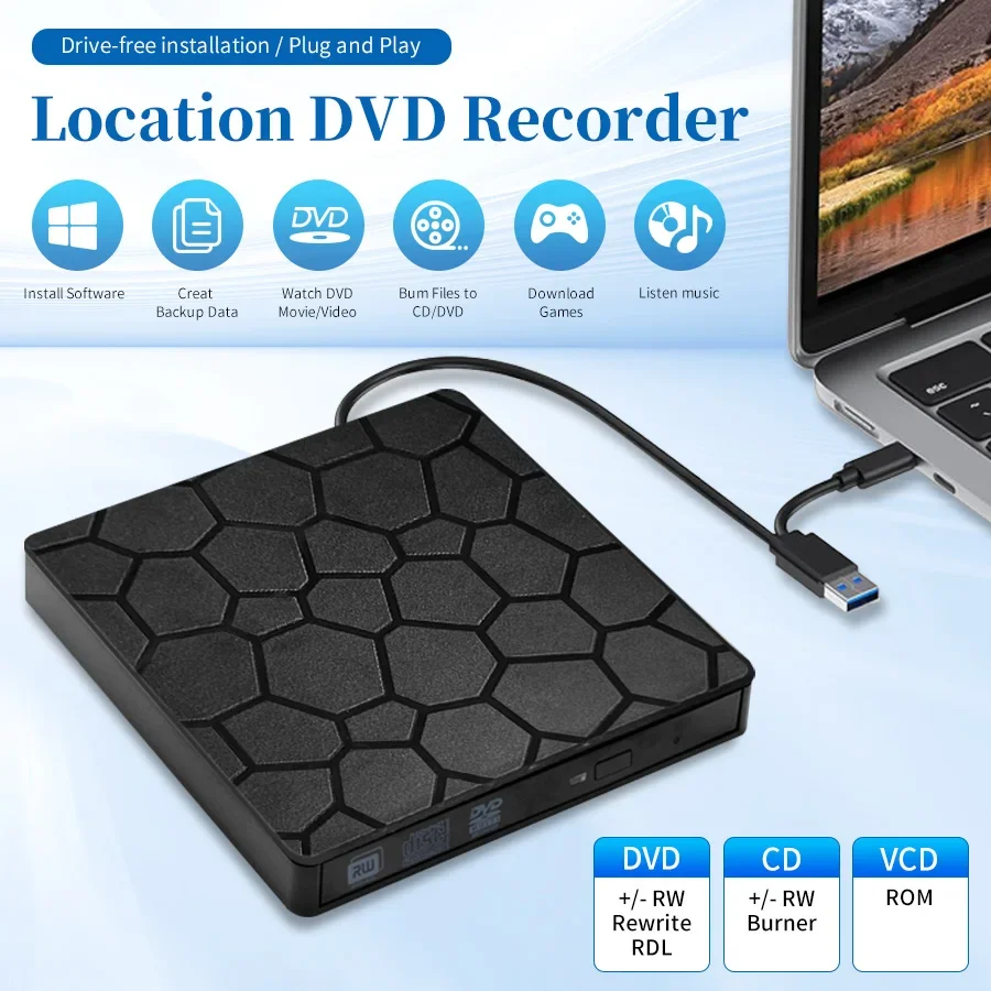 2 in 1 USB 3.0 Tipo C Sottile DVD esterno VCD Scrittore CD Masterizzatore Lettore Unità ottica portatile per PC Laptop Masterizzatore DVD