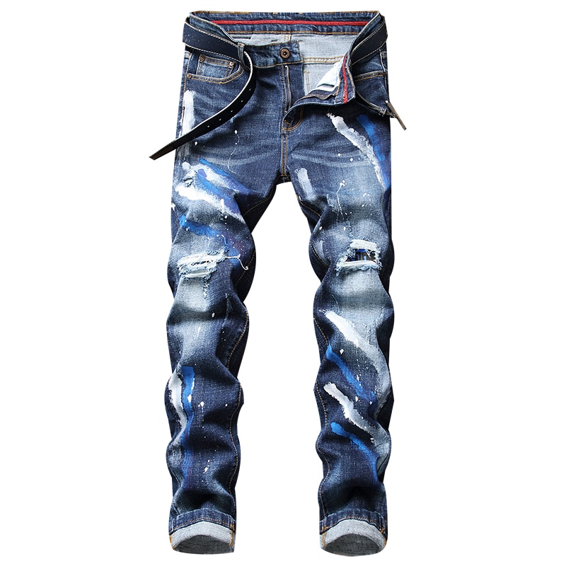 Pantalones vaqueros rasgados para hombre, Jeans rasgados azules a la , con grafiti de tinta contra salpicaduras, ajuste Regular, elásticos, de ,