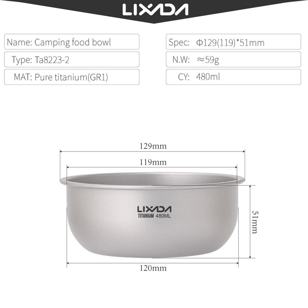 Lixada – bols de Camping en titane, casserole de fruits et légumes, assiette de dîner, récipient de nourriture pour la maison, Camping en plein air, randonnée pique-nique: 480ml