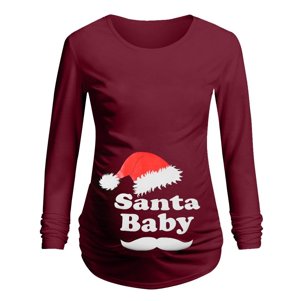 T-shirt de noël | Vêtement à manches longues, avec lettres imprimées, de grossesse, #40: Bourgogne / L