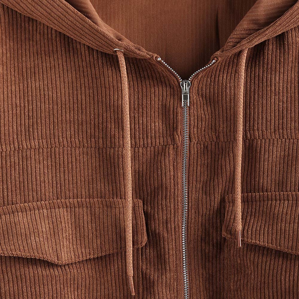 ZAFUL-abrigos cortos de pana para mujer, chaqueta con capucha de bolsillo y hombro caído, Top de manga larga sólido con cremallera, prendas de vestir para Otoño e Invierno