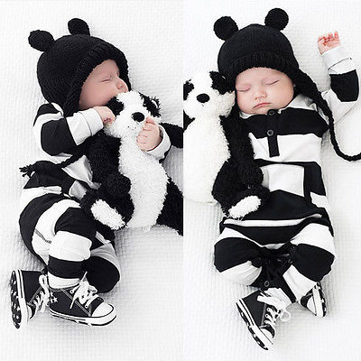 Mooie Zuigelingen Baby Meisjes Jongens Kleding Lange Mouw Rompertjes Wit Zwart Gestreepte Bebes Kleding Outfits 0-3Y