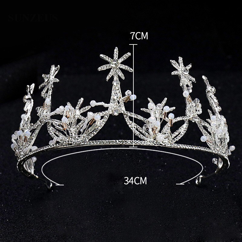 Corona nupcial de plata con cristales, Tiara con estrellas brillantes, diadema, accesorio de boda, Reina, SQ0328