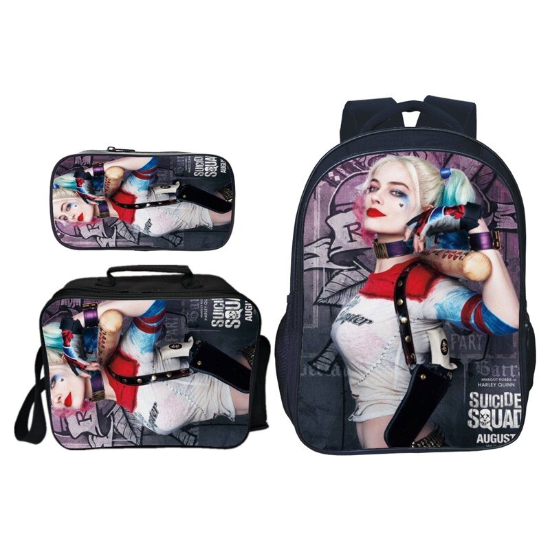 3Pcs/Set 3D Printing Suicide Squad Teenagers Girls School Backpacks Harley Quinn Kids Baby Book Bags Kindergarten: black5 / 13 Inches