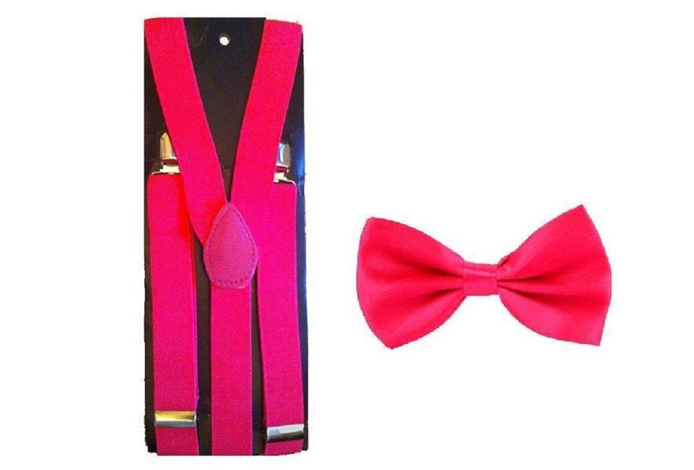 Men's Adult Matching Suspenders Braces & Pre-Tied Bow Tie Combo Sets Fancy Costume: Hot pink