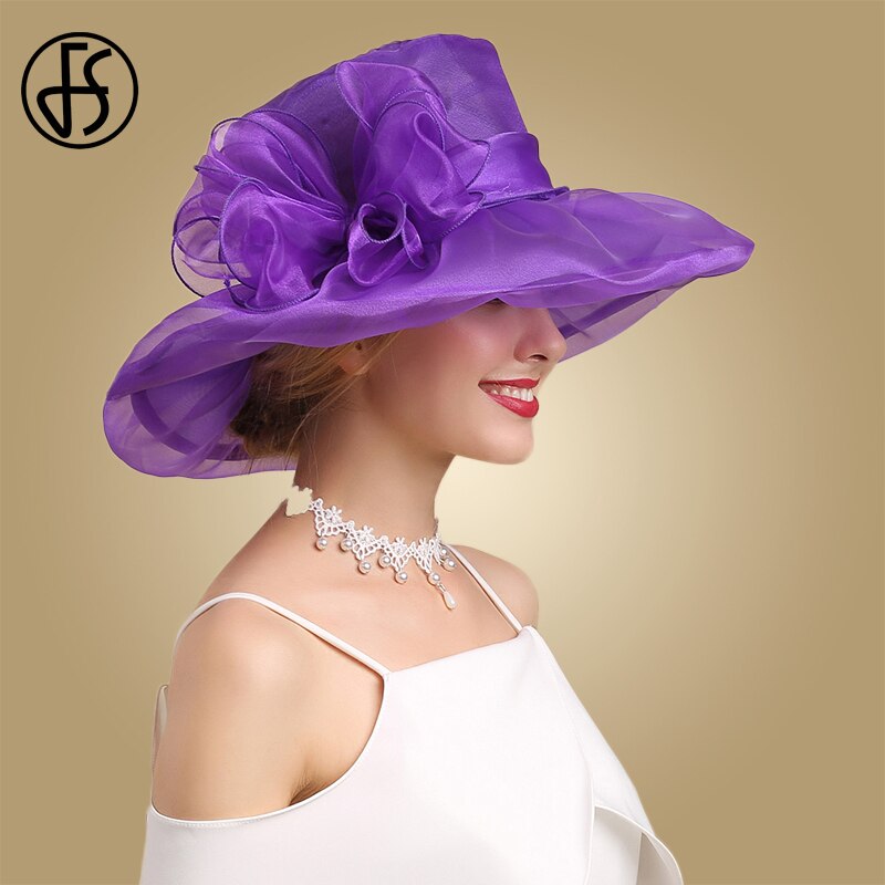 Sombreros de Organza de ala ancha para mujer, sombreros para la Iglesia, sombreros para el sol con flores grandes, plegables, color blanco y rosa, color púrpura