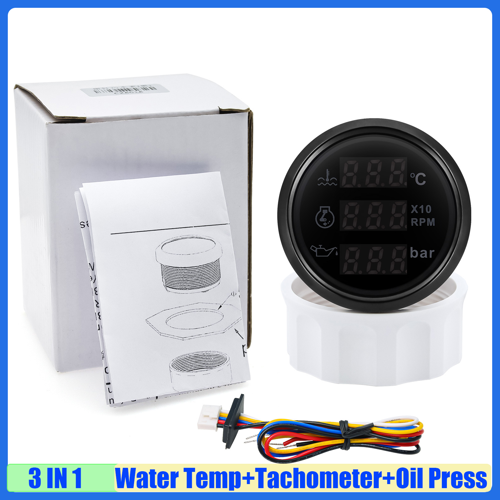 Digital 3 in 1 52mm -vägs vattentemperaturmätare + varvräknare + oljetrycksmätare med larm, rött ljus för bil och båt 12v 24v anpassad: Mörkgrå