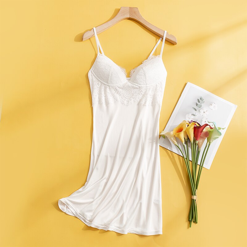 SuyaDream Women Real Silk Lace V Neck Full Slips Anti emptied Padded Bra Comfortable Sleep Dress Black White Underwears: white / M