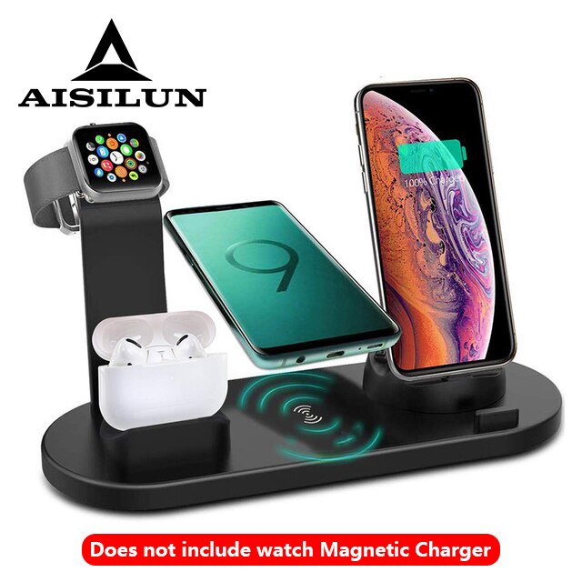 6 in 1 kabellos aufladen Pad Stehen Für Apfel Uhr 5 4 3 2 1 iPhone 11 X XS XR 8 Airpods Profi 10W Qi Schnelle Ladegerät Dock Bahnhof: mit kabellos Schwarz