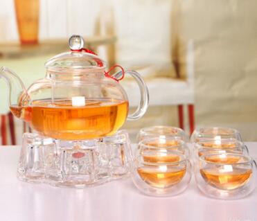 Porslin glas teservis 1 teservis med 6 dubbla väggkoppar 600ml värmebeständiga glas tekannaservisar: 01