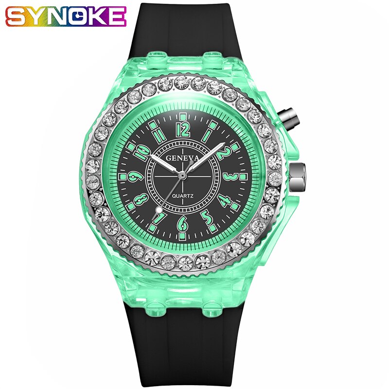 SYNOKE-relojes de cuarzo con luz Led para hombre y mujer, relojes de pulsera luminosos, con diamantes de imitación, para estudiantes y mujeres