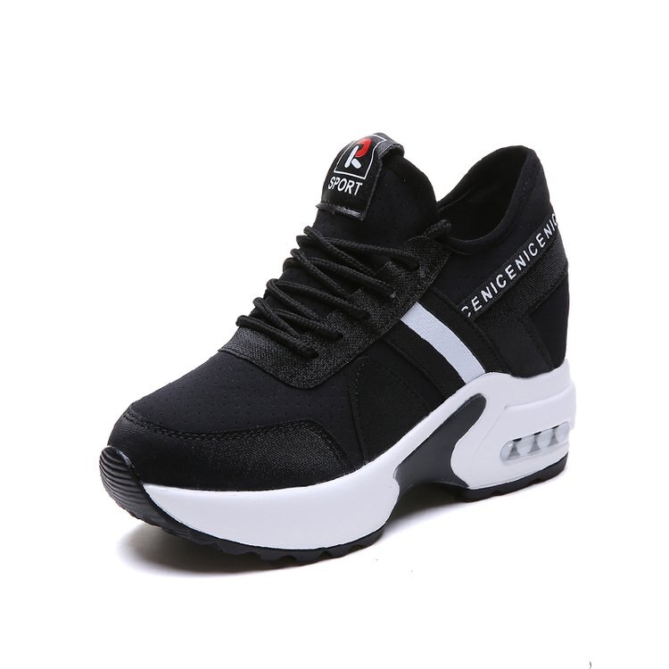 Höga vita sneakers dam platå skor klack ökande dam skor mesh andas skor kil svart kvinna sneakers platå: Svart / 8.5