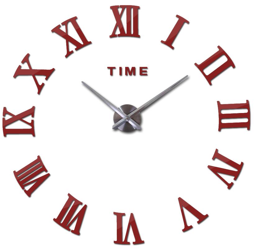 real metal 3d diy acrylic mirror wall clock watch clocks home decoration modern needle quartz stickers: Red / 47inch