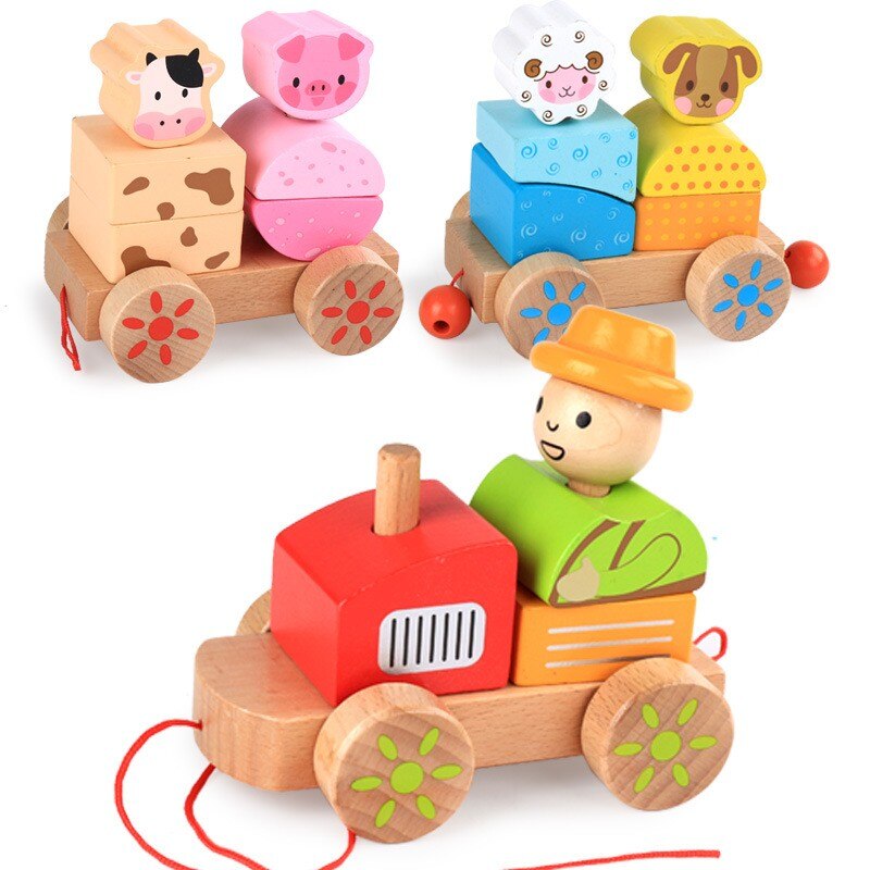 Children's Wooden Building Blocks tractor farm animals three small trains infants early childhood cognitive learning toys