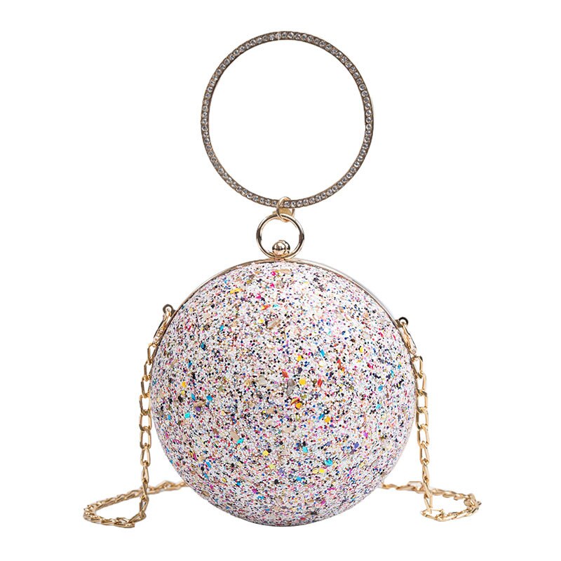 Women Evening Day Clutch Colorful Crystal Diamonds Round Ball Shaped Clutches Lady Handbag Wedding Purse Chain Shoulder Bag: White