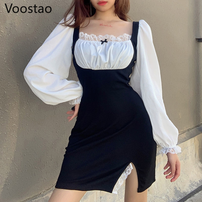 Vestido de encaje de manga larga estilo Retro victoriano para mujer, vestido de con cuello cuadrado, estilo japonés