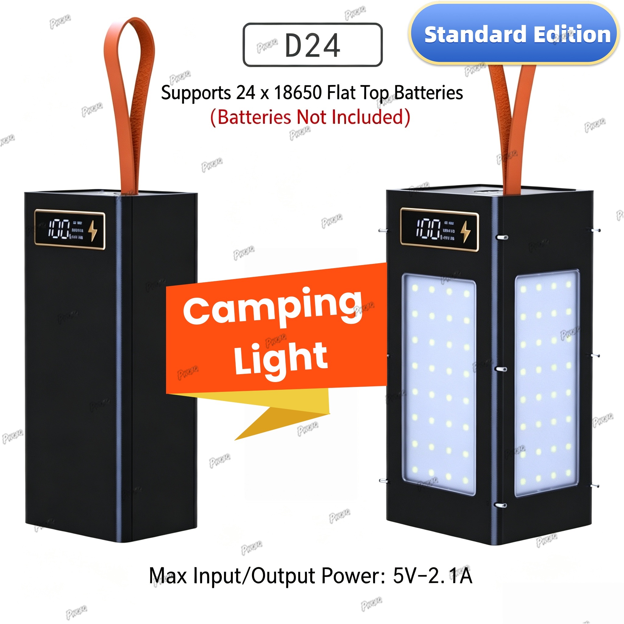 24*18650 Batterij Powerbank Behuizingen DIY Mobiele Powerbank Case met Draadloos Opladen en Campinglamp Afneembaar, Loodvrij: WIT