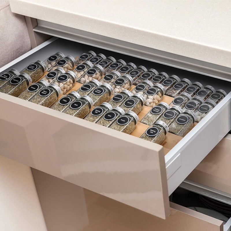 Bamboo Spice Rack Tray Drawer Organizer - Adjustable Multi-layer Kitchen Countertop Storage for Spices Utensils