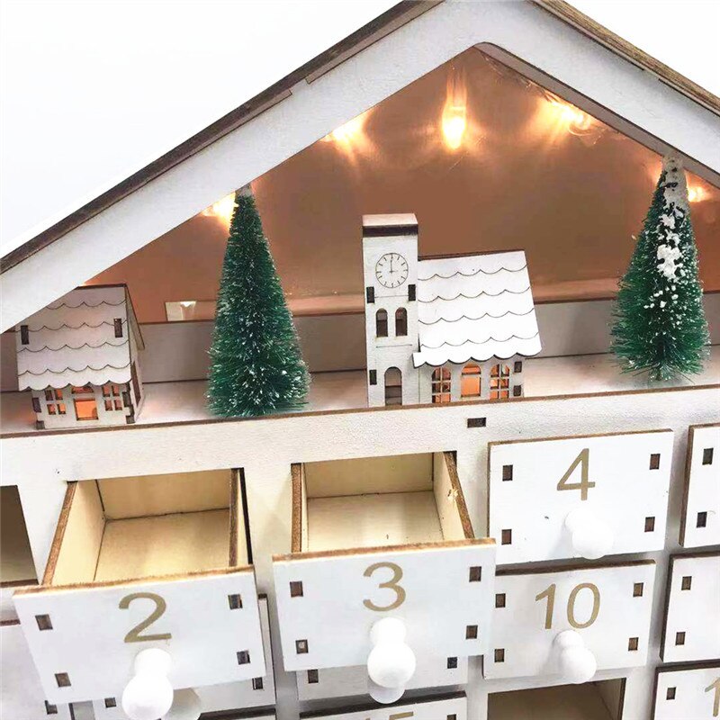 2022 White Christmas LED 24 Day Wooden Advent Calendar Battery-Operated Light-Up 24 Storage Drawers House Advent Calendar