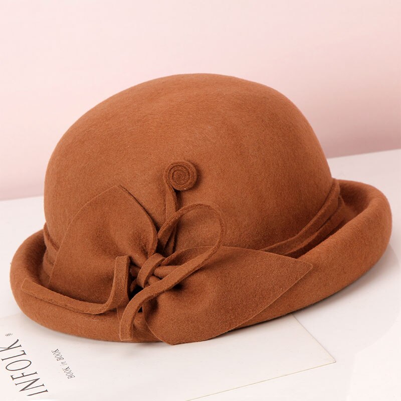 H274 jesień zima kapelusze z wełny kapelusz kobiety eleganckie moda Bowknot retro umywalka czapka panie czystego kolor wijący się kościół czapki imprezowe: CamelB