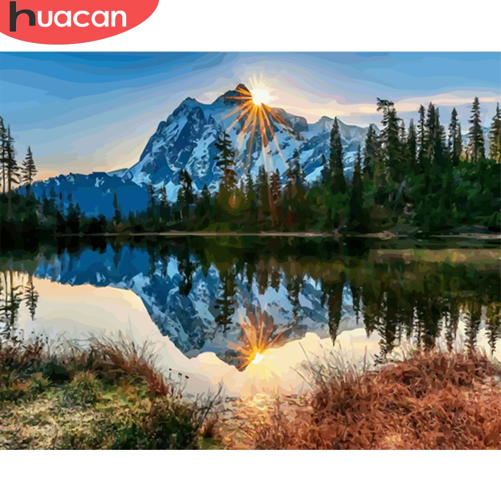 HUACAN Pictures By Numbers Mountain Landscape Oil Painting Lake Scenery Kits Drawing Canvas HandPainted DIY Home Decoration