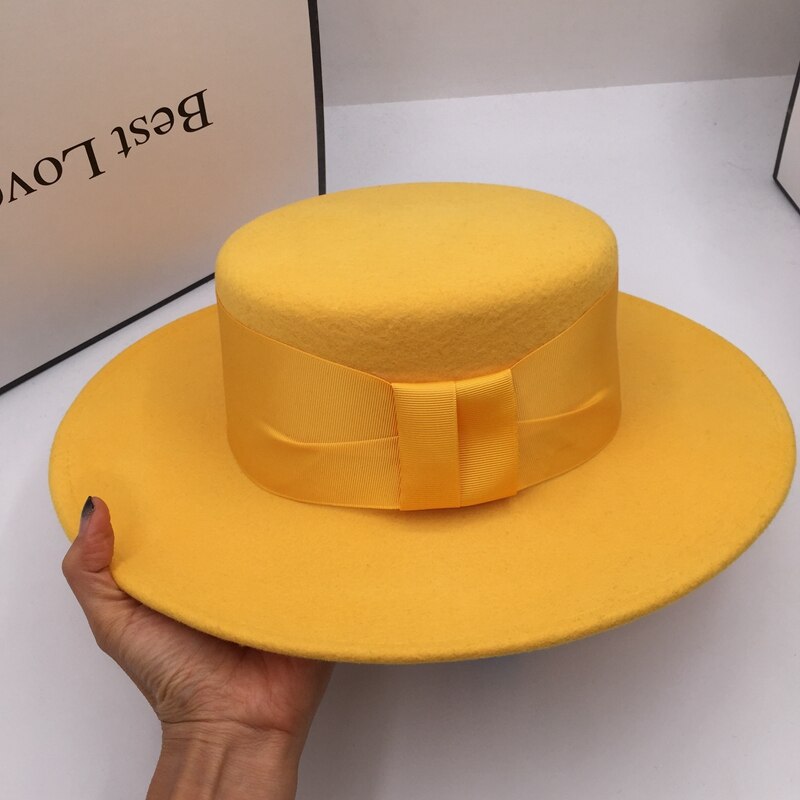 Fedoras invierno nueva lana ala ancha y plana a lo largo de los sombreros amarillos para mujer