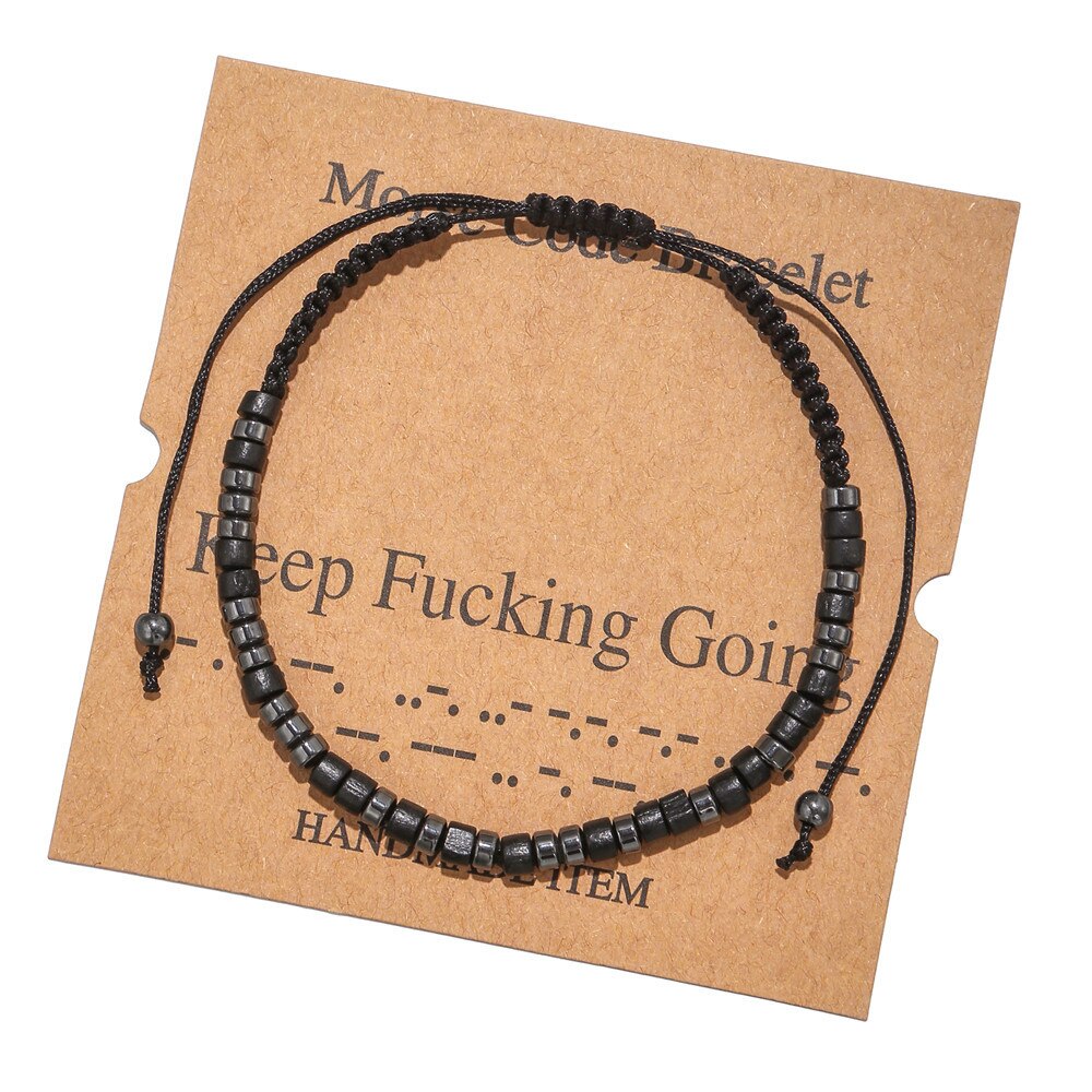 Morse Code Bracelet Black Iron Stone Beaded Hand-woven Card Couple Bracelet: Keep Fucking GoinG